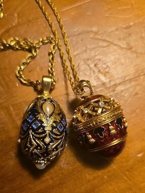 Gold-Tone Blue and Red Enamel Egg Pendant Necklace Set